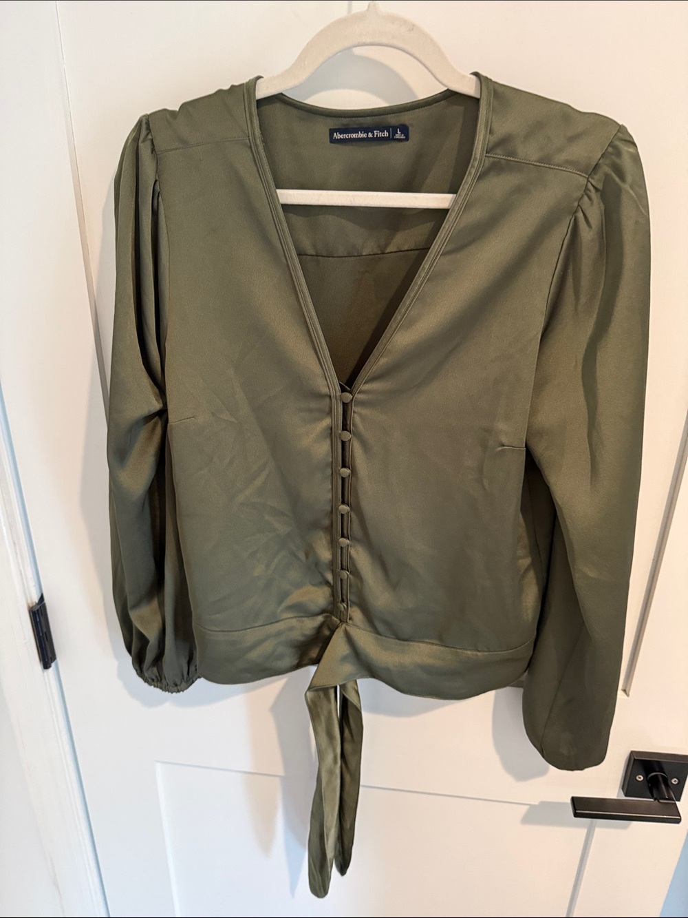 Abercrombie & Fitch Olive Button and Tie-Front V-Neck Satin Blouse